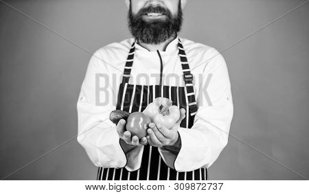 Time For Dinner. Bearded Man Cook In Kitchen, Culinary. Vegetarian. Mature Chef With Beard. Healthy 