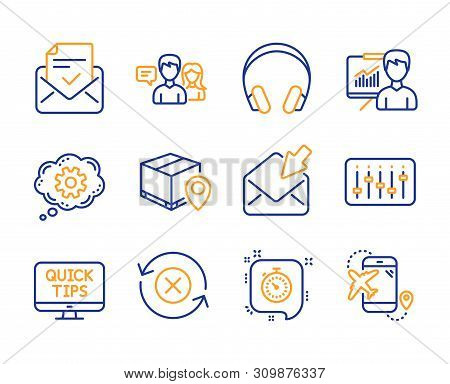 Parcel Tracking, Open Mail And Presentation Icons Simple Set. Headphones, Approved Mail And Timer Si