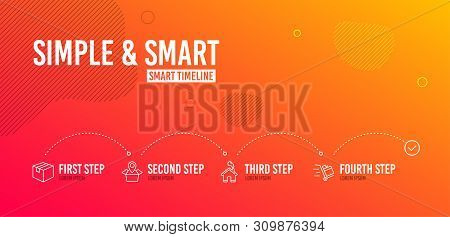 Infographic Timeline. Package Location, Parcel And Home Icons Simple Set. Push Cart Sign. Delivery T