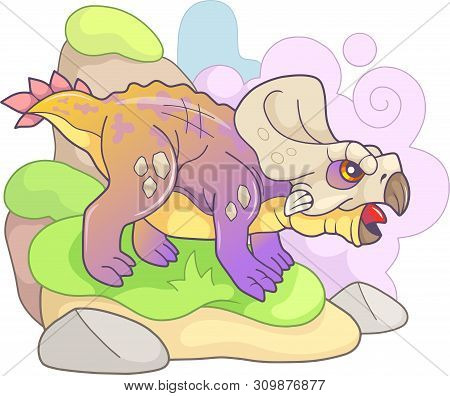 Cartoon Cute Prehistoric Dinosaur Protoceratops, Funny Illustration