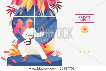 Young Woman Exercising In White Kimono. Basic Position In Karate, Decorated With Greenery And Bright