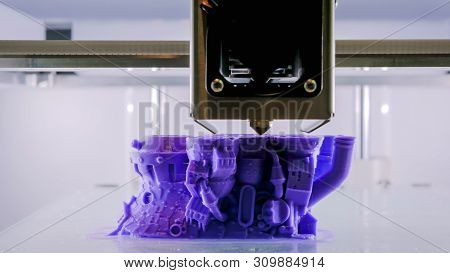 Print Head Of 3d Printer Machine Printing Plastic Model At Modern Scifi Technology Exhibition. 3d Pr