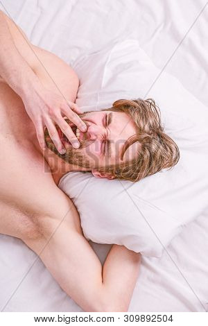Bearded Man Sleeping Face Relaxing On Pillow. Man Handsome Guy Lay In Bed. Expert Tips On Sleeping B