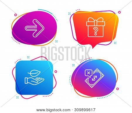 Next, Secret Gift And Leaf Icons Simple Set. Rejected Payment Sign. Forward, Unknown Package, Plant 