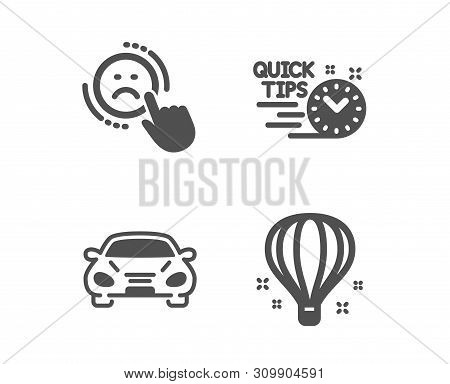 Set Of Car, Dislike And Quick Tips Icons. Air Balloon Sign. Transport, Negative Feedback, Helpful Tr