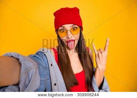 Close Up Photo Of Funny Beautiful Student Pank Have Party Wear Stylish Trendy Eyewear Eyeglasses Mak
