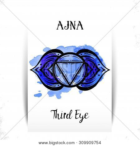 Circle Mandala Pattern. Ajna Chakra Vector Illustration. Watercolor Splashes. Yoga Symbol. Sixth Cha