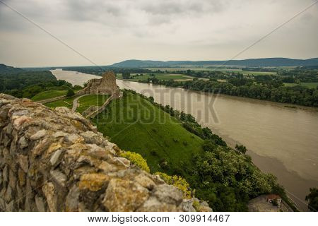 Danube, Bratislava, Slovakia: Beautiful Landscape With Devin Castle, Mountais And Danube River.