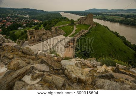 Bratislava, Slovakia: Beautiful Landscape With Devin Castle, Mountais And Danube River.