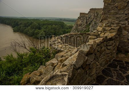 Bratislava, Slovakia: Beautiful Landscape With Devin Castle, Mountais And Danube River.