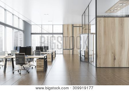Gray And Wooden Open Space Office With Hall