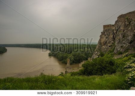 Danube, Bratislava, Slovakia: Beautiful Landscape With Devin Castle, Mountais And Danube River.