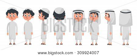 Arab Muslim Boy Character Isolated On White Background. Muslim Boy Wearing Traditional Clothing Fron