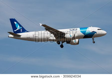 Frankfurt / Germany - August 21, 2013: Sata Azores Airlines Airbus A320 Cs-tkj Passenger Plane Landi