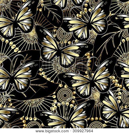 Butterflies And Flowers 3d Vector Seamless Pattern. Abstract Ornamental Floral Background. Beautiful