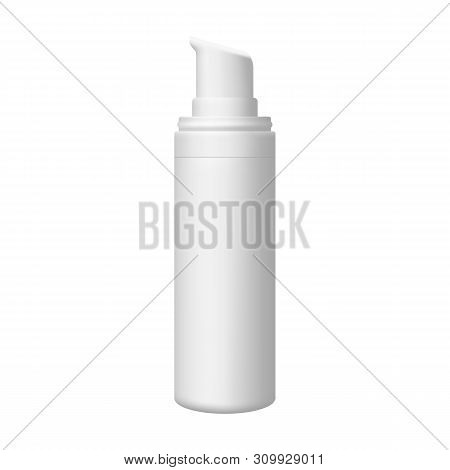 Vector Mock Up Of Realistic Cosmetic Bottle With Dispenser. Plastic Blank Packaging For Cream, Soups