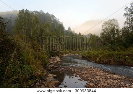 Early Morning On A Mountain River Yarovka In Western Siberia. Altai Territory. Russia