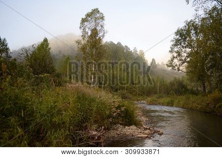Early Morning On A Mountain River Yarovka In Western Siberia. Altai Territory. Russia