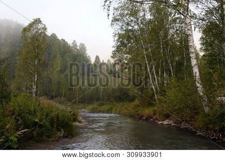 Early Morning On A Mountain River Yarovka In Western Siberia. Altai Territory. Russia