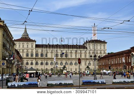 Urin, Piedmont, Italy. June 2019. View Of The Royal Palace From Via Pietro Micca: The Palace Acts As