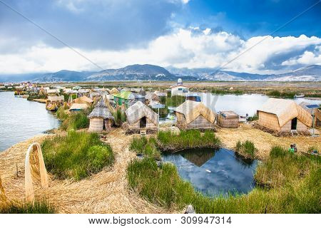 Uros, Peru - Jan 5, 2019. Uros floating islands on Titicaca lake in Puno, Peru, South America.