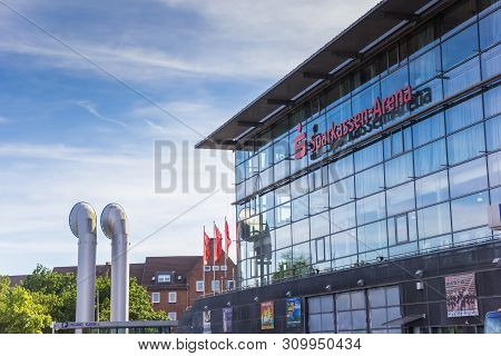 Kiel, Germany - June 24, 2019: Glass Facade Of The Sparkassen-arena In Kiel, Germany