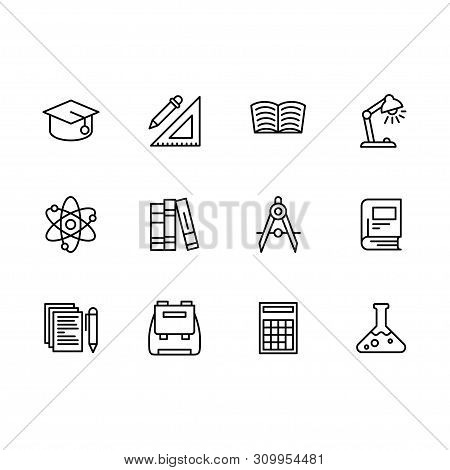 Science And Education Outline Icon Simple Symbols Set. Contains Icon Academic Hat, Ruler, Pencil, Bo