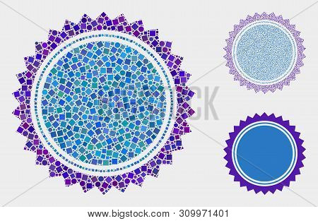 Mosaic Round Seal Stamp Icon United From Round And Square Items In Different Sizes, Positions And Pr