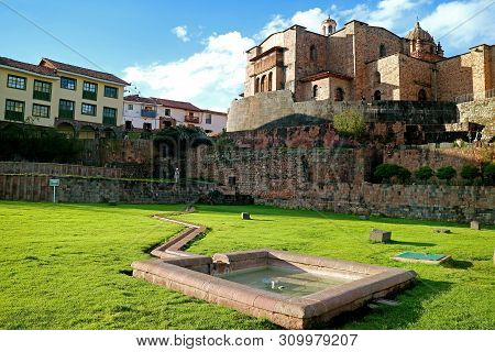 Temple Of The Sun Of The Incas Or Coricancha With Convent Of Santo Domingo Church Above As Seen From