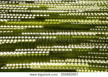 Abstract Of Multicolored Lights Stripes Moving Fast In Dark Background. Green Bluel Backdrop From Fa