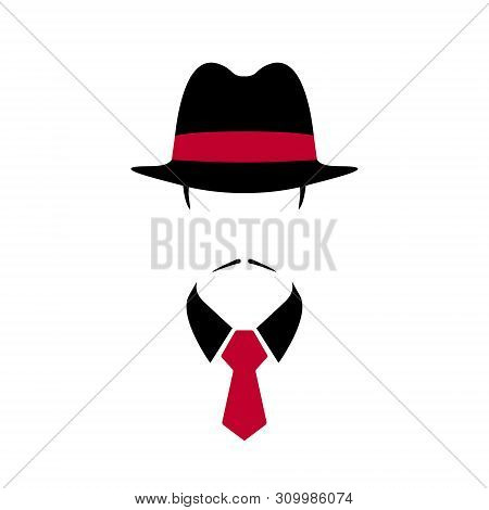 Portrait Of Italian Man In Black Vintage Hat And Red Tie. Vector Illustration.