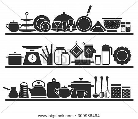 Kitchen Shelves With Utensils For Cooking Modern Silhouette Icons Home Tableware