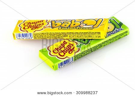 Kamchatka, Russia - 26 May 2018: Yellow And Green Chupa Chups Candy On White Background