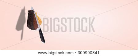 Knife Cuts Conjoined Honey And Chocolate Cake, Levitating Pastry, Background Photo Of Sweet Dessert,