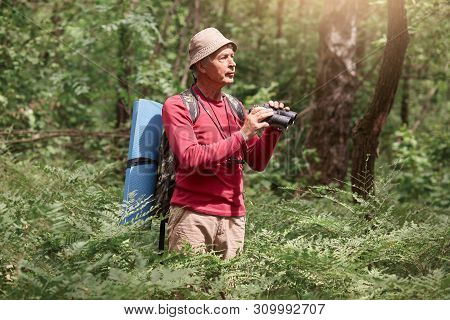 Elderly Man Birdwatching While Standing Outdoors In Forest, Scanning His Surroundings With Binocular