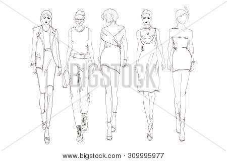 Beautiful Young Womens. Hand Drawn Fashion Girls. Fashion Model Posing. Sketch. Vector Illustration