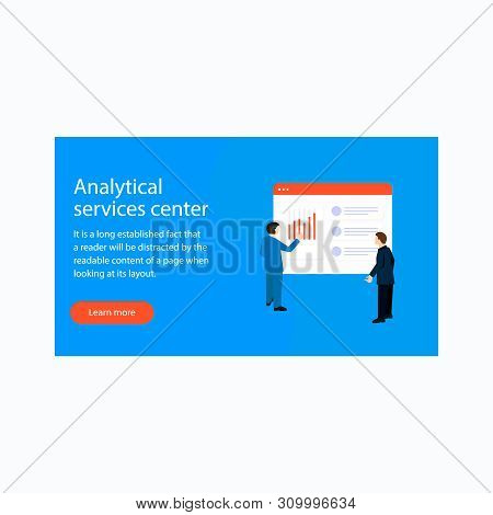 Analutical Business Canter. Men Research Business Data On Dashboard. Business Web Banner.
