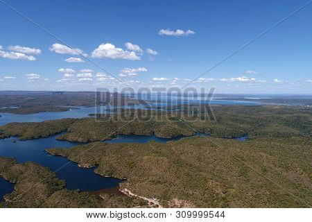 Aerial View Of Manso Lake Hydroelectric, Mato Grosso, Brazil. Great Landscape. Travel Destination. V