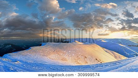 Mountain Ridge Sunset Panorama In Golden Colors View From Last Evening Sunrays (ukraine, Carpathian 
