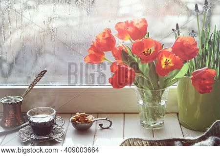Oriental Coffee In Traditional Turkish Copper Coffee Pot With Flowers On Window Sill. Rustic Wooden 