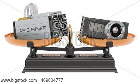 Balance Concept, Video Card Gpu Vs Asic. 3d Rendering Isolated On White Background
