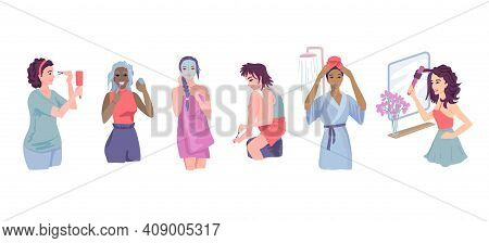 Home Face Care And Body Care. Different Nation Women Set. Womens Routine. Female Beauty. Cosmitologi