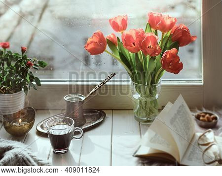 Oriental Coffee In Traditional Turkish Copper Coffee Pot With Flowers On Window Sill. Rustic Wooden 