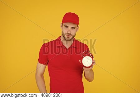 Delivery Courier With Clock. Delivery Man Holding Clock. Shipping Services. Post Office. Online Shop