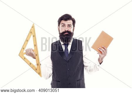 Make Geometry Interesting. School Teacher Hold Book And Triangle. Private Teaching. Bearded Man Prep
