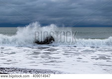 Big Waves Crashing On A Rock At Sandcut Beach