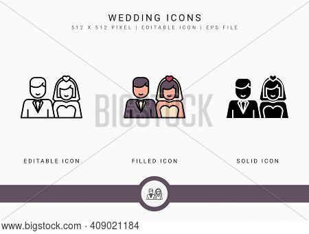 Wedding Icons Set Vector Illustration With Solid Icon Line Style. Love Romance Concept. Editable Str