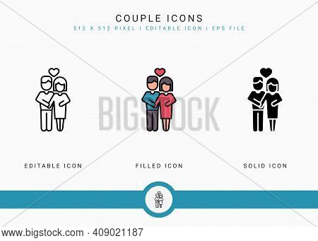 Couple Icons Set Vector Illustration With Solid Icon Line Style. Wedding Love Romance Concept. Edita