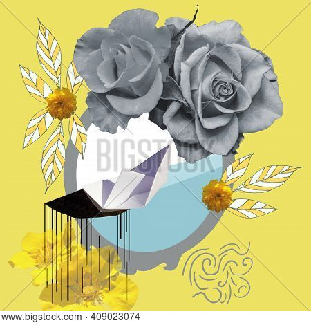 Abstract Collage In Trendy Colors Of Year 2021 With Couple Of Roses Boat Sailing Out Of Mirror As Sy