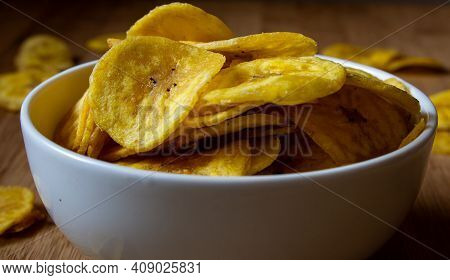 Crispy Banana Chips In A Bowl. Common Indian Savory Item